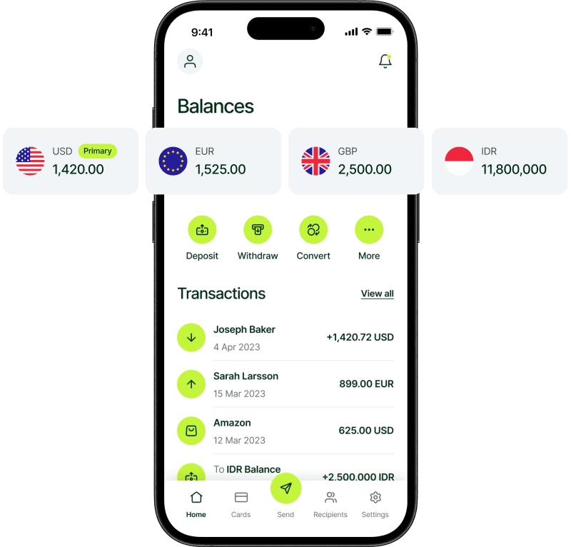 Multi-currency account interface showing multiple countries and currencies